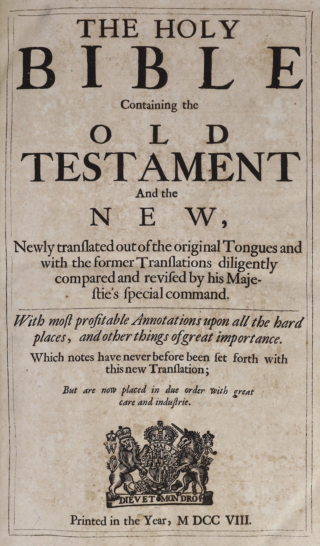 (Amsterdam - Printed 18th Century Folio Bible - Authorised Version, with Geneva Notes) The Holy Bible Containing the Old Testament and the New.......With most profitable Annotations....hand-coloured pictorial engraved an